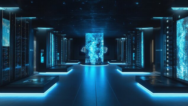 Futuristic server room with blue lighting and digital displays.