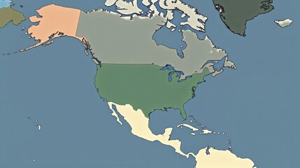 Stylized Cartographic Representation of North and Central America Featuring Varied Color-Coding for Distinct Regions