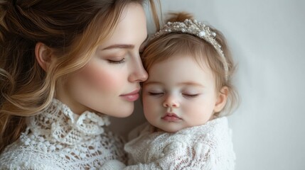 Tender Mother Kissing Newborn Baby Forehead in Soft Tender Moment