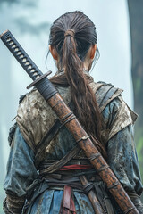 Obraz premium A photo of an ancient female warrior walking through a foggy, misty landscape. She is wearing tattered and has long, dark hair tied back in a single braid. The background should be blurry with 