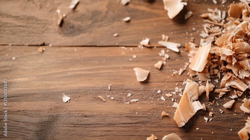 Poster wood shavings and dust on rustic wooden surface with textures for craft work and diy projects : gene