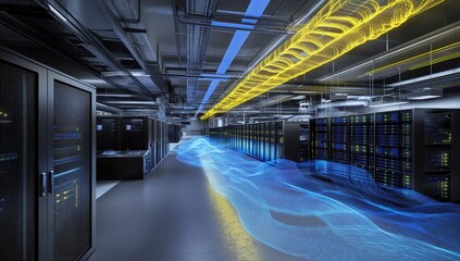 Modern data center with airflow visualization.