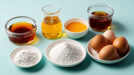 Baking Ingredients Eggs, Tapioca Starch, and Sweeteners on Teal Background