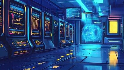 Futuristic server room with glowing screens and energy sphere.
