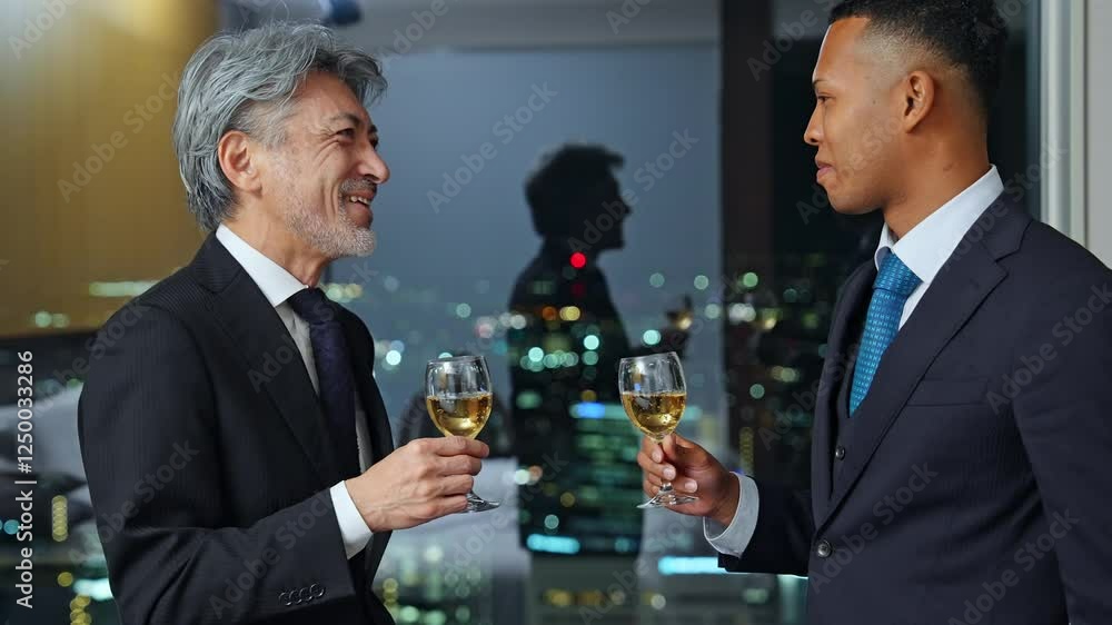 Poster 乾杯、ビジネス、男性、シャンパン、ビジネスマン、飲酒、パーティー、グローバル、英会話、外国人、祝杯、日本人、談笑、ビジネスパーソン、商談、外交、ロビー、オフィス、ワイン、夜景、コミュニケーション、グラス、立食、会談、チームワーク、友人、イベント、笑顔、スーツ、シニア、ミドルエイジ、中高年、黒人、国際、グループ、社長、経営者、上司、部下、経営、企業、アルコール、お酒、祝福、宴会、祝宴、接待、カクテル