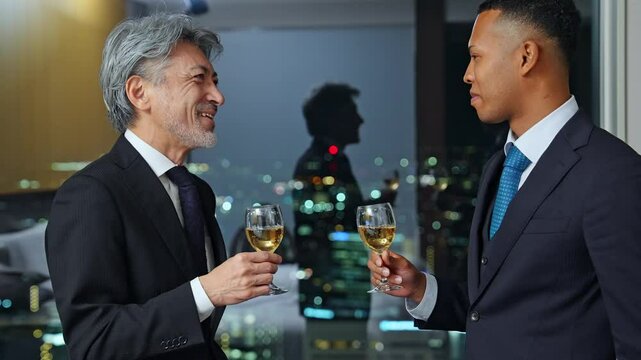 乾杯、ビジネス、男性、シャンパン、ビジネスマン、飲酒、パーティー、グローバル、英会話、外国人、祝杯、日本人、談笑、ビジネスパーソン、商談、外交、ロビー、オフィス、ワイン、夜景、コミュニケーション、グラス、立食、会談、チームワーク、友人、イベント、笑顔、スーツ、シニア、ミドルエイジ、中高年、黒人、国際、グループ、社長、経営者、上司、部下、経営、企業、アルコール、お酒、祝福、宴会、祝宴、接待、カクテル