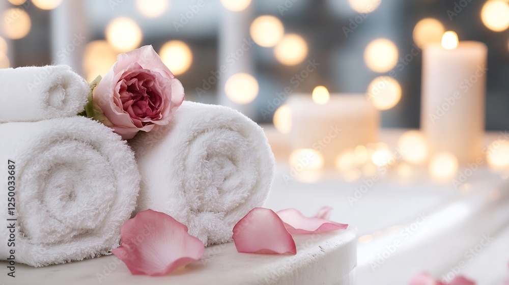 Aufkleber Spa relaxation scene with rose petals soft towels and ambient light creating a calming atmosphere : Generative AI