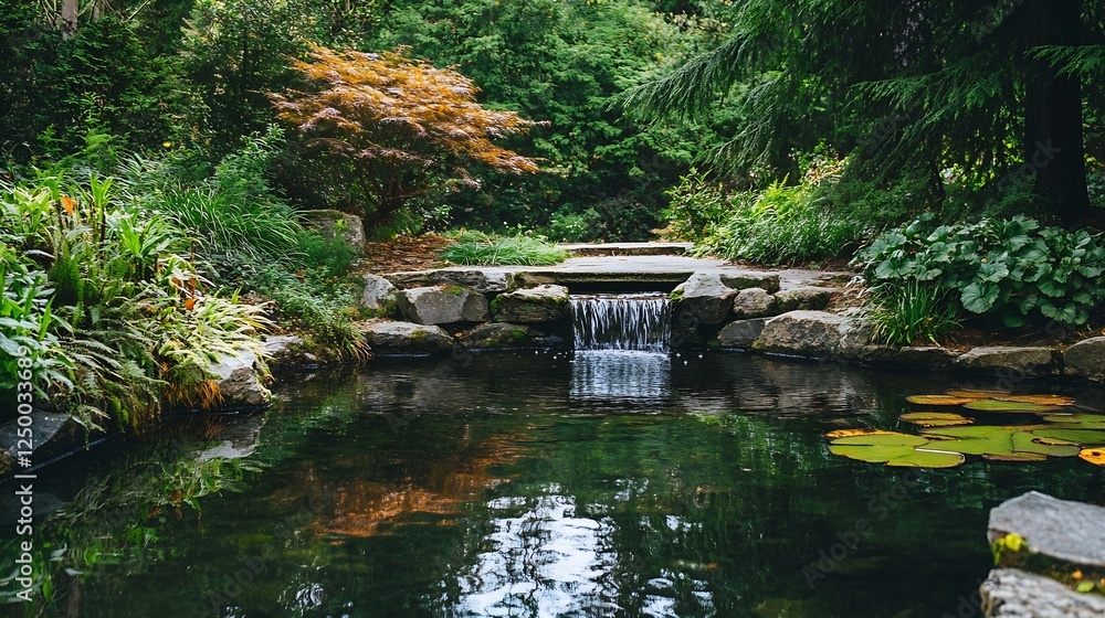 Poster lush garden scene with waterfall and greenery creating a peaceful nature retreat : generative ai