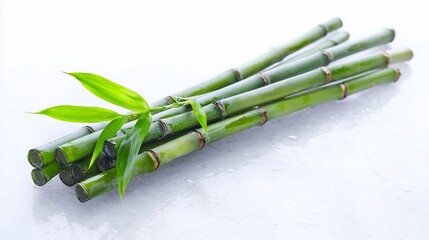 Fototapeta premium Fresh Green Bamboo Stalks and Leaves on a Clean White Background