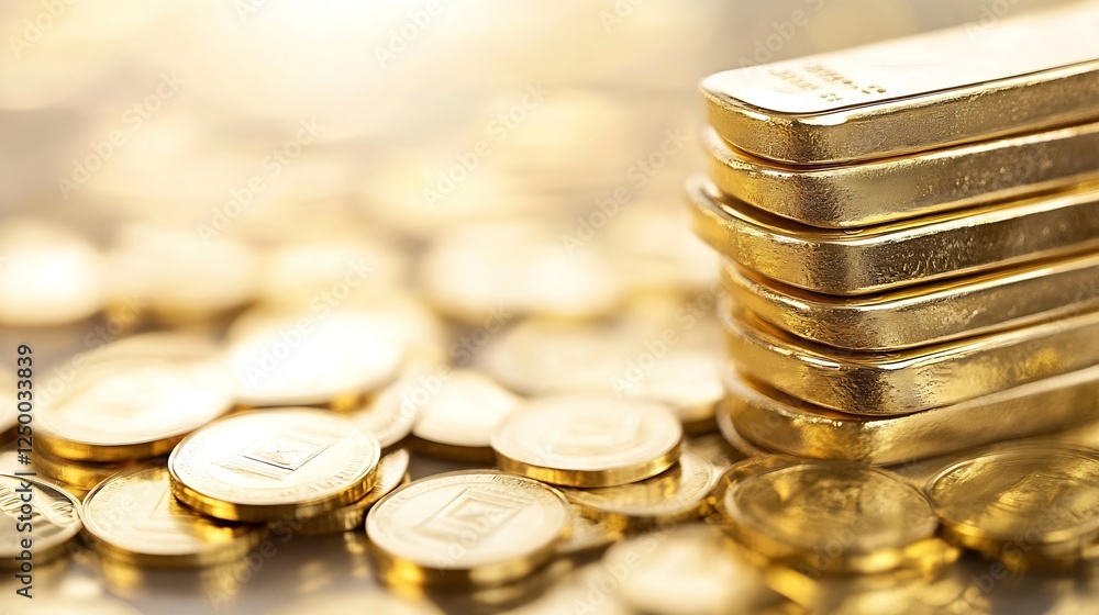 Poster Shiny Gold Bars and Coins Stacked on Surface Blurring in Background : Generative AI