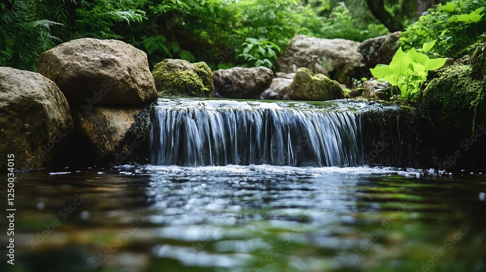 Poster tranquil stream cascading over rocks surrounded by lush greenery in nature's embrace : generative ai
