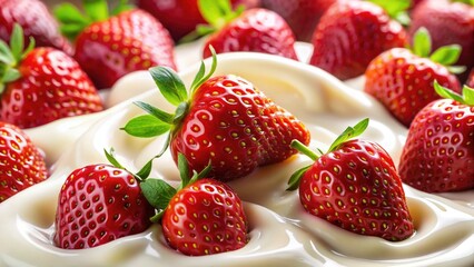 Close-up macro shot of luscious strawberry cream dessert; creamy texture, delicious.