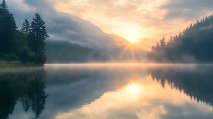Fototapeta premium Serene Landscape of Mountains Reflected on Calm Water During Sunrise : Generative AI