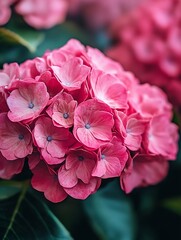 Fototapeta premium Vibrant Pink Hydrangea Flower Cluster Surrounded by Lush Green Leaves in Garden : Generative AI