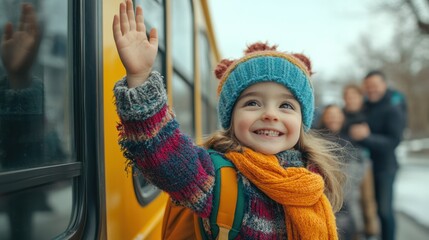 Happy girl waving goodbye on school bus.