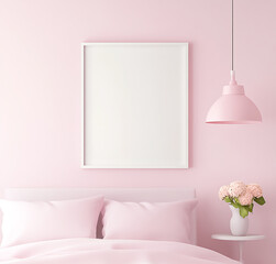 A white poster frame is hanging on the wall of an elegant bedroom, with pink walls and pastel tones. The bedside table has some flowers in it. It's a simple yet beautiful scene. 