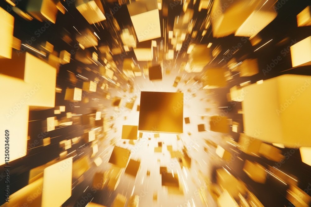 Poster golden cubes exploding in a dynamic abstract scene of light and motion