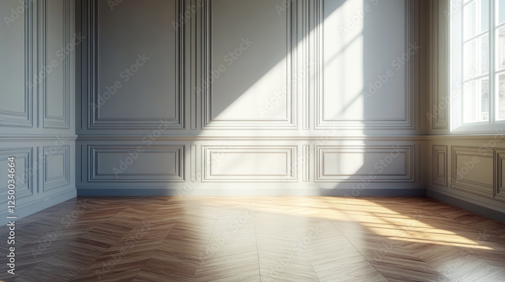 Poster Sunlit empty room with paneled walls and herringbone floor.