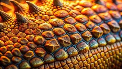 Close-up tilt-shift reveals realistic, miniature dinosaur skin; detailed scales in sharp focus.