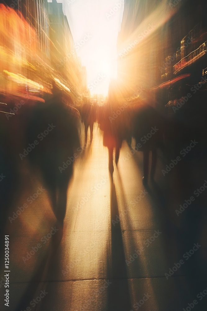 Aufkleber blurred figures walking on a street bathed in sunlight creating a sense of rush and life : generativ