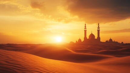 Golden hour glow over majestic mosque silhouette in serene desert landscape tableau