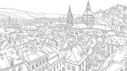 Fototapeta premium Cityscape sketch Prague rooftops, churches, hills. Travel guide illustration