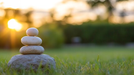 Three balanced stones on grass during sunset representing tranquility and nature's beauty : Generative AI