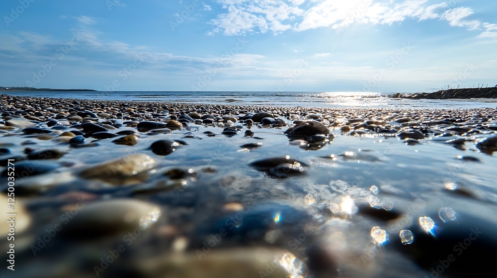 Aufkleber serene shoreline with pebbles at low tide under a bright blue sky and soft sunlight reflecting on th