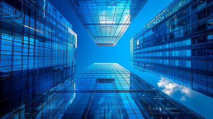 Obraz premium Modern Skyscrapers Reflecting a Clear Blue Sky