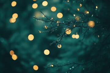 Festive winter branch, bokeh lights, dark teal background
