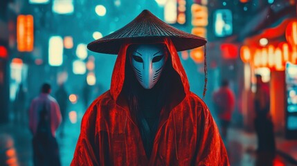 Obraz premium Masked Figure in Red Robe Amidst Neon City Lights