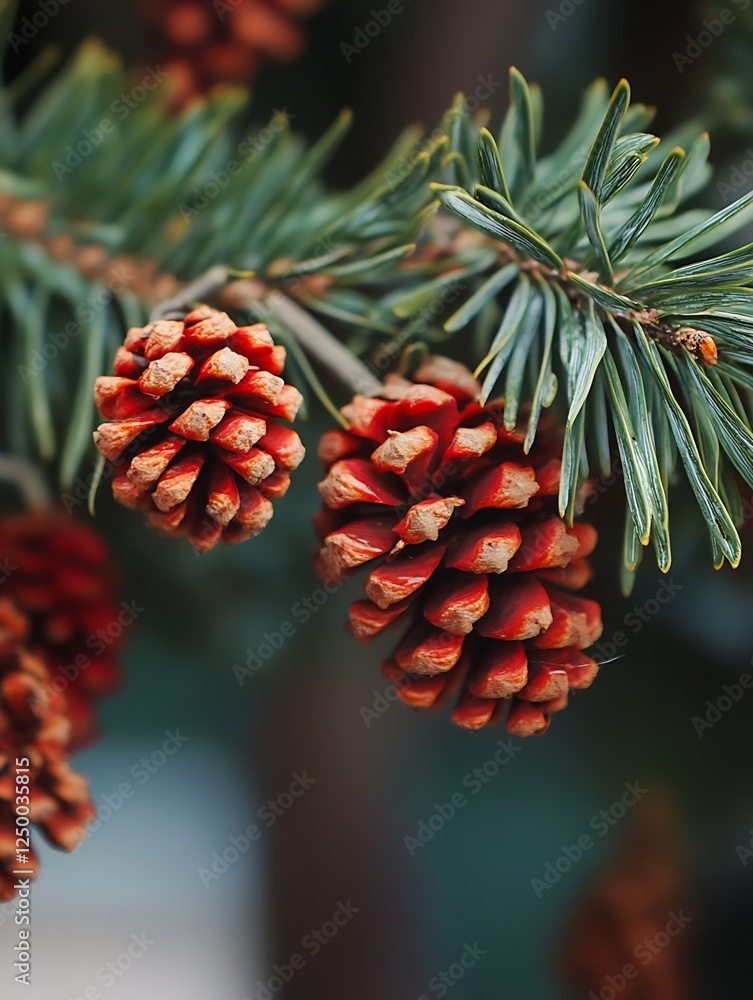Poster close up of pine cones on evergreen branch with soft focus background capturing nature's beauty : ge