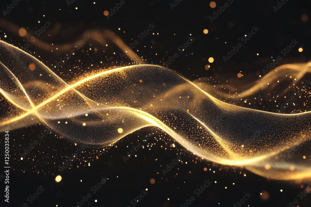 Poster golden waves of light with shimmering particles on dark background