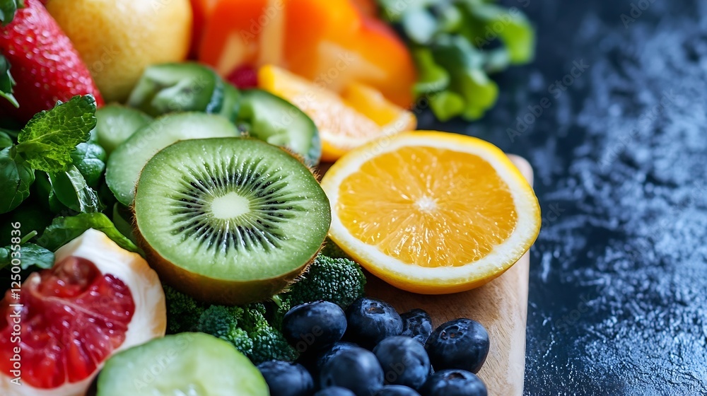 Poster vibrant fresh fruits display with kiwi orange blueberries and more on dark wooden background : gener