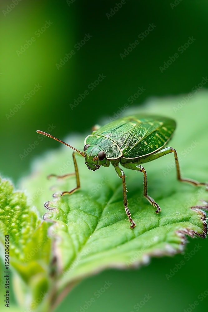 Poster Close Up of a Green Insect Crawling on a Leaf with Smooth Features and Detailed Texture in Nature : Generative AI
