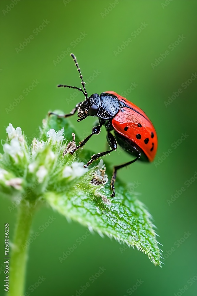 Poster macro shot of a beautiful red beetle crawling on a leaf : generative ai