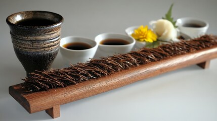 Elegant Presentation of Dark Brown Cups on Wooden Tray with Decor