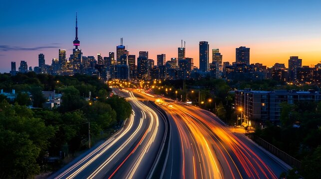 Stunning Toronto Skyline at Dusk with Beautiful Light Trails on Busy City Highway : Generative AI