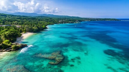 Fototapeta premium Aerial View of a Calm Tropical Beach with Clear Blue Water and Lush Greenery : Generative AI