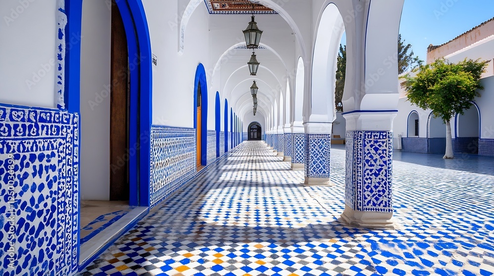 Poster stunning moroccan architecture with blue and white tiles in shining sunlight : generative ai