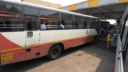 Video of Maharashtra government's bus at bus stand. Tickets, passengers, roadways, subsidy, concession, senior citizens, female, wheels, maintenance, red, shivshahi.