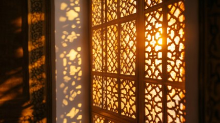 Golden light streaming through an ornate lattice window casting intricate shadows on adjacent walls