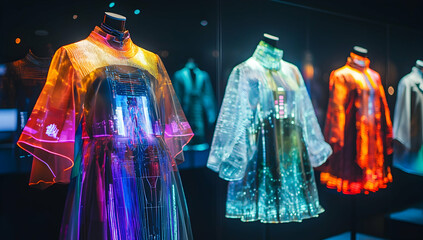 Wearable fashion show where clothes change color and design based on AI-driven user preferences.