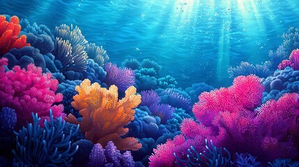 Obraz premium Vibrant Underwater Coral Reef with Sunlight Beams