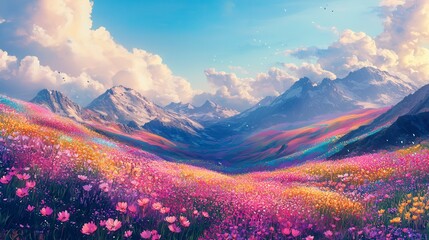Fototapeta premium Vibrant Wildflower Meadow and Snow Capped Mountains under Sunny Sky