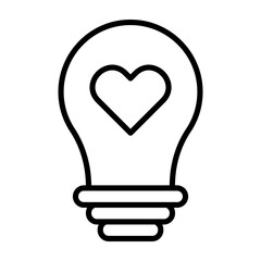 Black light bulb icon with heart sign, white background line symbol
