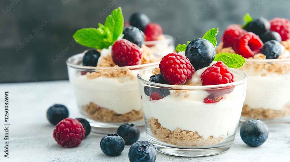 Poster delicious fresh berry parfaits layered with yogurt and granola in a stylish presentation : generativ