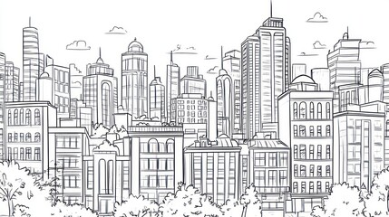 Cityscape Skyline, Urban Buildings, Daytime, Trees, Illustration, Background, Design