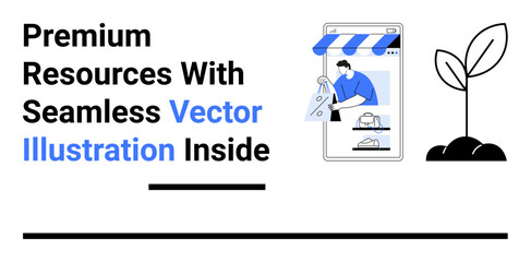 Mobile phone displaying an online store, person shopping for items, and a small plant sprouting. Ideal for e-commerce, growth, sustainability themes, startups, investment, business innovation flat
