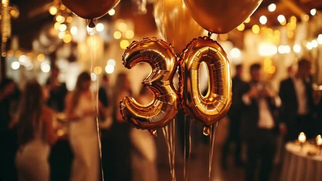 Golden '30' Balloons Floating at a Sparkling Thirtieth Birthday Celebration